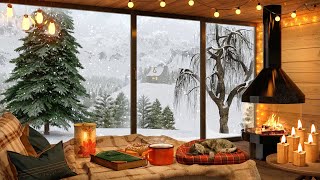 Winter Snow Mountain Cabin in Cozy Ambience with Snowfall Relaxing Wind Fireplace and Candles [upl. by Yelyac]