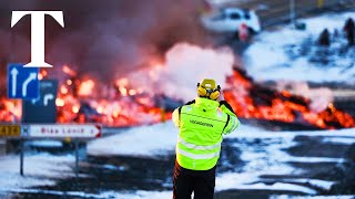 Lava engulfs road in Iceland after volcano eruption [upl. by Rafael]