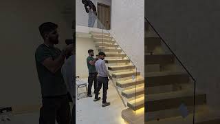 Stairs glass banister installation stairscase interiordesign wood home [upl. by Ahsaelat]