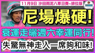 【小梁論馬】 11月9日沙田兩泥八草日賽排位版  尼場爆硬  衰運走曬週六幸運同行  失驚無神走入一席夠和味  賽馬KOL小梁KleagueworkshopKen [upl. by Hakilam221]