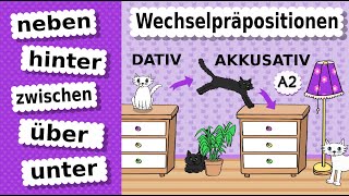 🐱Wechselpräpositionen 2 🐱 zwischen über neben hinter unter  Dativ amp Akkusativ  Katzenamp Möbel A2 B1 [upl. by Elka]