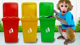 Monkey Baby Bon Bon clean up trash in the park with ducklings and eat milk bottle jelly with puppy [upl. by Aihsele]