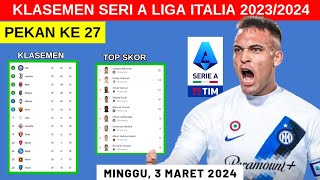 Klasemen Seri A Liga Italia 20232024  Pekan ke 27  Minggu 03 Maret 2024 \ Martinez Top Skor [upl. by Demahom496]