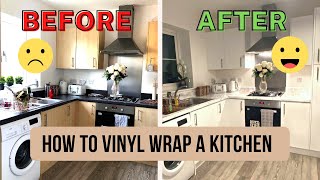 How to Vinyl Wrap Kitchen Cabinets  Wrap Kitchen Worktop  Budget Kitchen Transformation [upl. by Nohtanhoj]