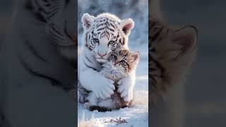 White Tiger Cub and Kitten Playing Together Generated By AI  Shorts Cute Adorable AI Tiger [upl. by Greenburg59]