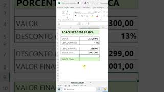 shorts PORCENTAGEM BÁSICA  Microsoft Excel excel exceltips excelformula matematica maths [upl. by Nitneuq]