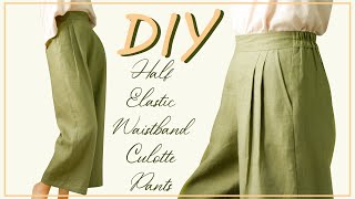 DIY Half Elastic Waistband Linen Culotte Pants  How To Make Back Elastic Waistband Culotte Trousers [upl. by Trumann751]