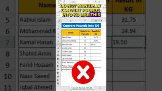 Excel Pro Trick Convert Pounds into KG in Excel shorts exceltutorial [upl. by Jordana]