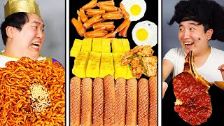 ASMR MUKBANG  Fire Noodles spam kimchi Giant Kielbasa sausage funny eating😂😂 [upl. by Boothman]