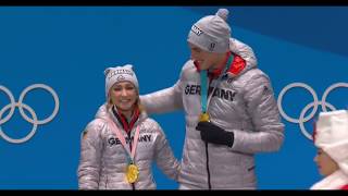 Aljona Savchenko and Bruno MassotWinning GoldPyeongchang 2018 Olympics  Vicotory Ceremony  Pairs [upl. by Colas]