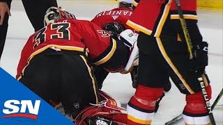 Flames’ Noah Hanifin Makes Brave Play To Block Shot With Head [upl. by Eldredge633]