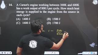 A Carnots engine working between 300K and 600K has a work output of 800 J per cycle How much h [upl. by Hibbert]