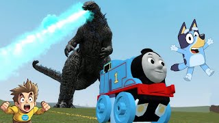 THOMAS amp BLUEY ESCAPE GODZILLA ATOMIC BLAST BREATH   Garrys Mod Gameplay  Konas2002 [upl. by Erdah]