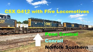 Penn Central SD40 Rebuilt as SD403 PC to CR to NS to CSX on CSX Grain Train with 4 Locomotives [upl. by Ahsinawt]