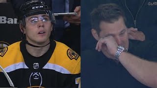 Jake DeBrusk scores first NHL goal father Louie gets emotional watching in stands [upl. by Kimon]