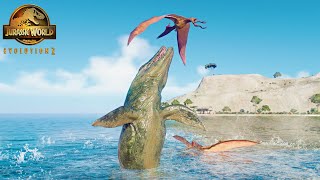 NATURAL LAGOON  MOSASAURUS VS KRONOSAURUS AND ATROCIRAPTOR PACK HUNTING DOMINION DINOSAURS [upl. by Akemrehs75]