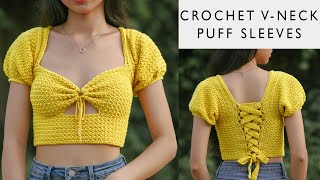 Easy Crochet V Neck Puff Sleeves Top Tutorial  Chenda DIY [upl. by Nuavahs]