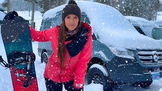 Snow Storm Camping in a Mercedes Sprinter Van at a Ski Resort  Snowboarding Deep Powder [upl. by Coucher50]