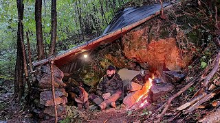 Bushcraft SURVIVAL CAMPING in the RAIN  Stone Shelter Build Outdoor Cooking Nature Adventure [upl. by Sauncho281]