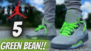 JORDAN 5 GREEN BEAN DETAILED REVIEW amp ON FEET W LACE SWAPS [upl. by Einwahs]