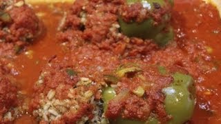 YUMMY STUFFED GREEN PEPPERS IN SAUCE RECIPE  Cheryls Home Cooking [upl. by Mallissa709]