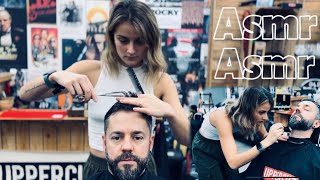 ASMR Lady barber 💈 ULTIMATE haircut relaxation Scissors crunching ladybarber asmrbarber [upl. by Esihcoc]