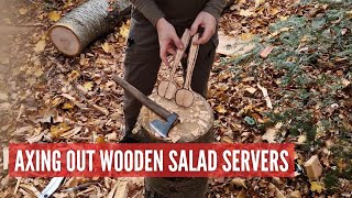 Axing Out Wooden Salad Servers Making a Spoon Blank I Will Carve Later [upl. by Rogerg437]