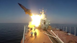 Russian army releases images of ships firing Moskit cruise missiles [upl. by Hsekin]