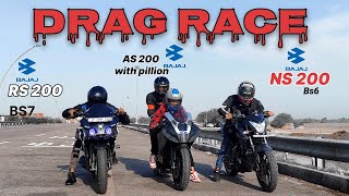 PULSAR RS 200 vs PULSAR NS200 VS AS 200 with pillion✅DRAGRACE 🔞 HIGHWAY TOPSPEED BATTLE RACE [upl. by Aicirtam]