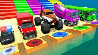 Monster Trucks Potholes Flatbed Long Trailer Truck Car Rescue  Cars vs Deep Water [upl. by Thema]