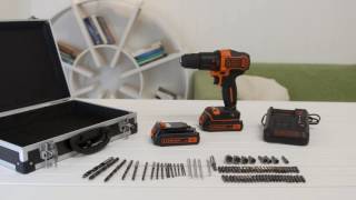 BLACKDECKER™  18V lithiumion Hammer Drill 2 Batteries 80 Accessories Flight Case [upl. by Drusi]