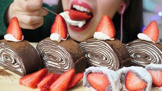 ASMR CHOCOLATE CREPE ROLL CAKE  Daifuku Strawberries Eating Sounds No talking [upl. by Aridatha211]