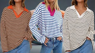 Womens Striped Long Sleeve Shirts 2024 Casual V Neck Oversized Sweatshirt Loose Fit Tunic Tops Fall [upl. by Assirac]