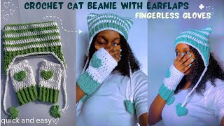 How to Crochet Trendy Crochet Cat Ear Beanie with Earflaps amp Fingerless GlovesCrochet Gift Ideas [upl. by Phylys895]