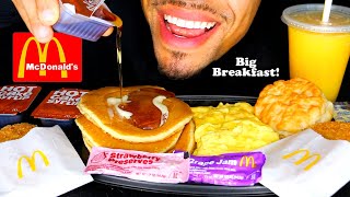 MCDONALDS BIG BREAKFAST WITH HOTCAKES HASH BROWNS BISCUIT ORANGE JUICE ASMR MUKBANG [upl. by Jerrol]