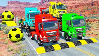 Double Flatbed Trailer Truck vs Speedbumps Train vs Cars  Tractor vs Train BeamngDrive 08 [upl. by Ahaelam630]