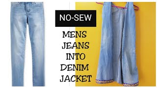 NOSEW DIY ConvertReuse Old Mens Jeans into girls shrugDenim Jacket HINDI [upl. by Ban]