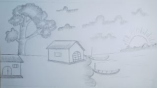 Village Scenery Drawing Gramer Drisso  Chobi Aka  Easy Art [upl. by Adlei49]