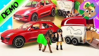 COMPETIÇÃO DE CAVALOS Playmobil Porsche Macan GTS com transporte para cavalos e poneis Joga comigo [upl. by Aidualk]