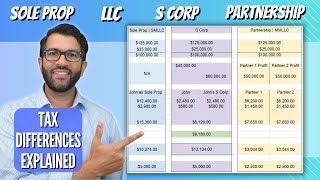 Tax Differences EXPLAINED LLC S Corp Partnership Sole Prop [upl. by Zetnwahs]