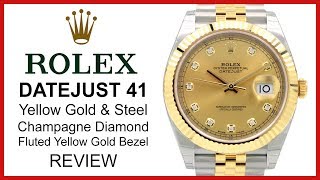 Rolex Datejust 41 Champagne Diamond Dial Yellow Gold amp Steel Jubilee Band Fluted Bezel  REVIEW [upl. by Hniv]