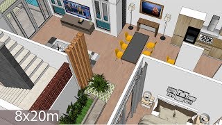 Interior Design Home Plan 8x20m Walk Through with Full Plan 4Beds [upl. by Turtle]