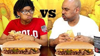 PHILLY CHEESE STEAK CHALLENGE WHO CAN EAT IT THE FASTEST [upl. by Yarised91]