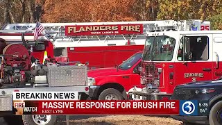 Crews battling brush fire off Oswegatchie Hills Road in East Lyme [upl. by Scholz]