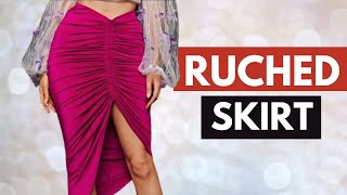 HOW TO MAKE A RUCHED SKIRT  Cutting amp Stitching  Easy Ruched Skirt Tutorial  High Slit Midi Skirt [upl. by Nnahgiel]