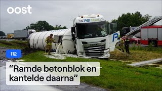 Tankwagen kantelt en lekt dertig duizend liter  melk op de A1  Oost [upl. by Ettenuj42]