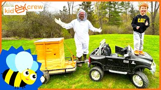 Caring for honey bees with ride on truck and trailer Educational how beehives work  Kid Crew [upl. by Yellat]