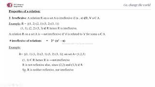 DMS unit 3 Lecture2 Properties of relations Reflexive Irreflexive Symmetric Asymmetric [upl. by Yerdna]