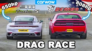 Dodge Challenger Demon v Porsche 911 Turbo S  DRAG RACE [upl. by Compte]