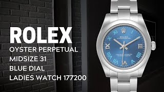 Rolex Oyster Perpetual Midsize 31 Blue Dial Steel Ladies Watch 177200 Wrist Roll  SwissWatchExpo [upl. by Trici917]